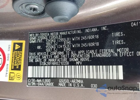 2017 Toyota Highlander Xle из США, поврежденный, VIN 5TDKZRFH8HS210208